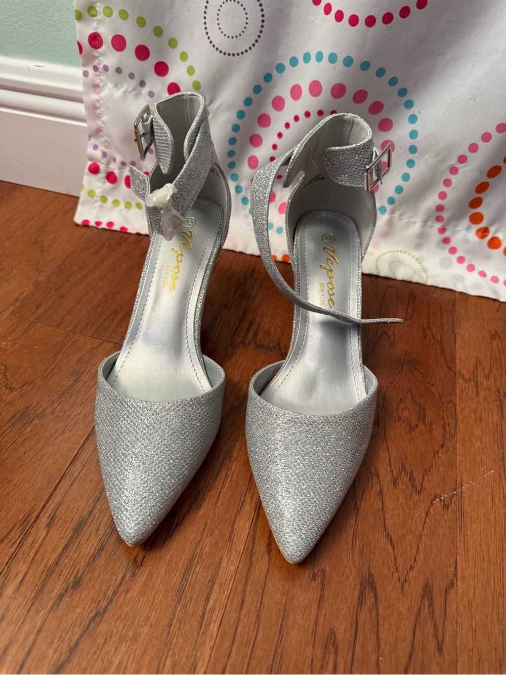 Elle Silver Glitter Pointed-Toe Ankle-Strap Pumps